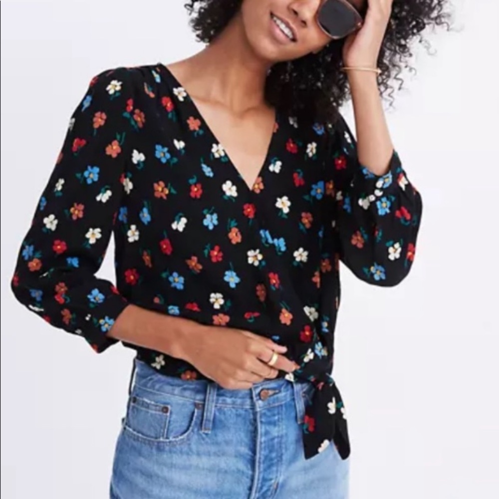 Madewell Black Wrap Top I’m Pressed Floral Print L